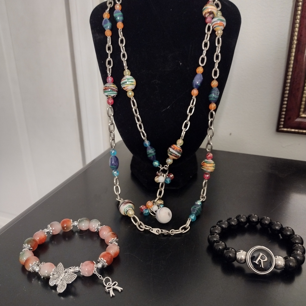 Multicolor Beaded Long Necklace with Silver Chain